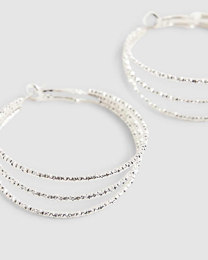Silver 3 Row Hoop Earrings