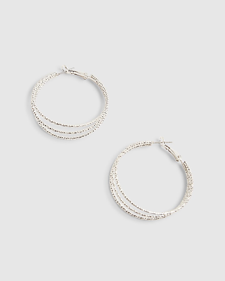 Silver 3 Row Hoop Earrings
