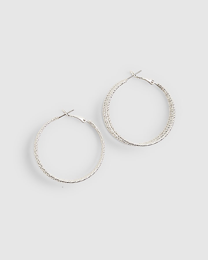 Silver 3 Row Hoop Earrings
