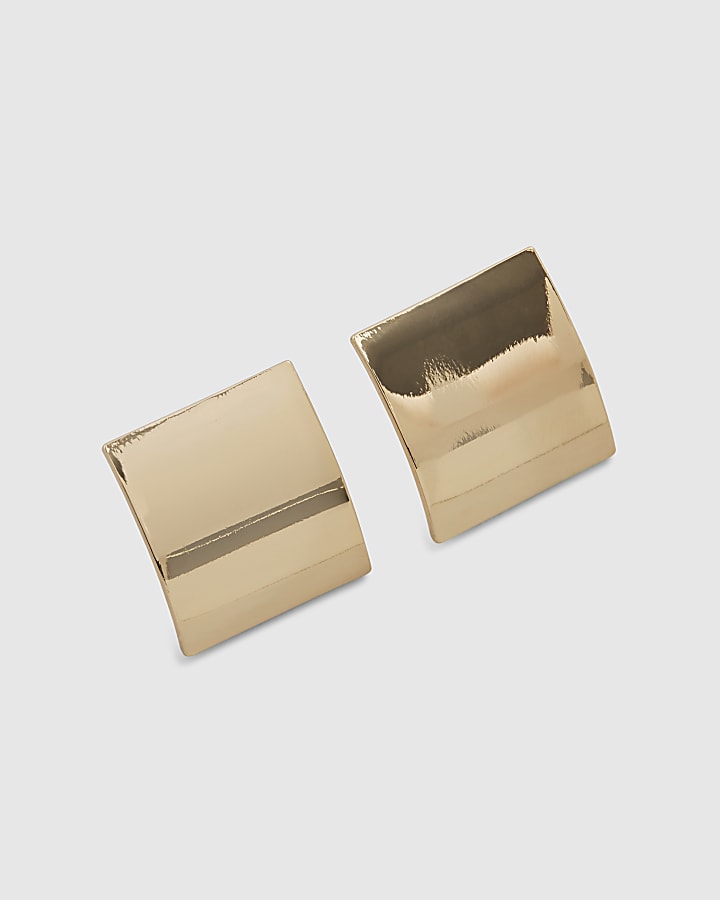 Gold Curved Rectangle Stud Earrings