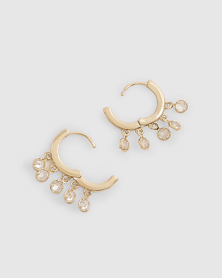 Gold Diamond Simulant Drop Hoop Earrings