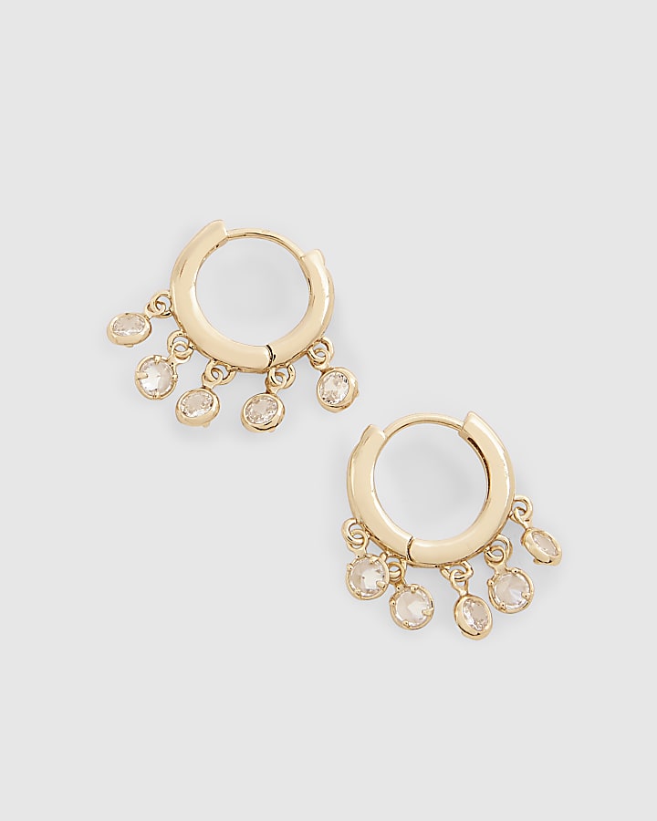 Gold Diamond Simulant Drop Hoop Earrings