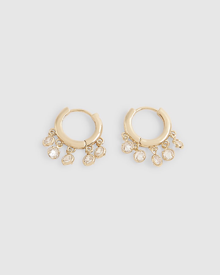 Gold Diamond Simulant Drop Hoop Earrings
