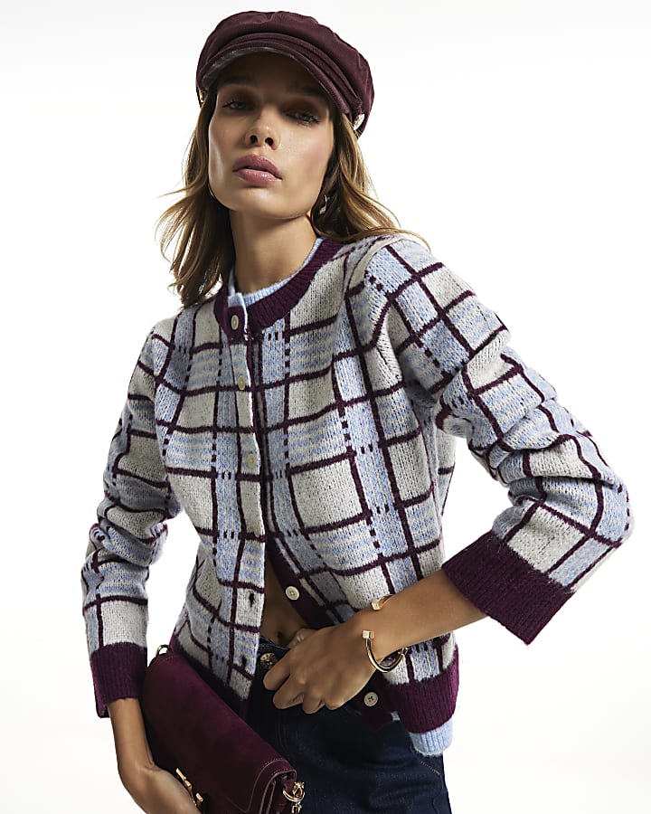 Grey Long Sleeve Check Cardigan