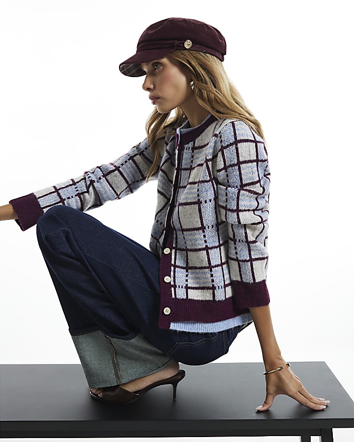 Grey Long Sleeve Check Cardigan