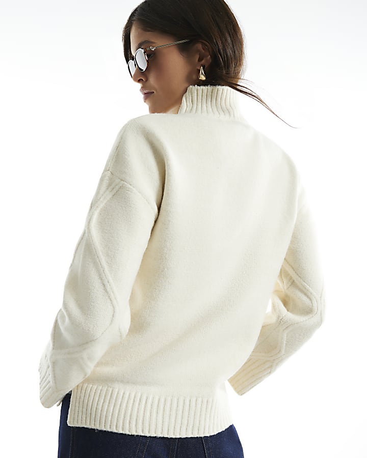 Cream Clean Argyle High Neck Jumper