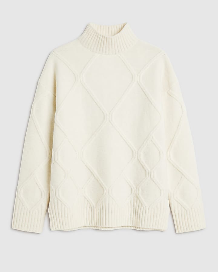Cream Clean Argyle High Neck Jumper
