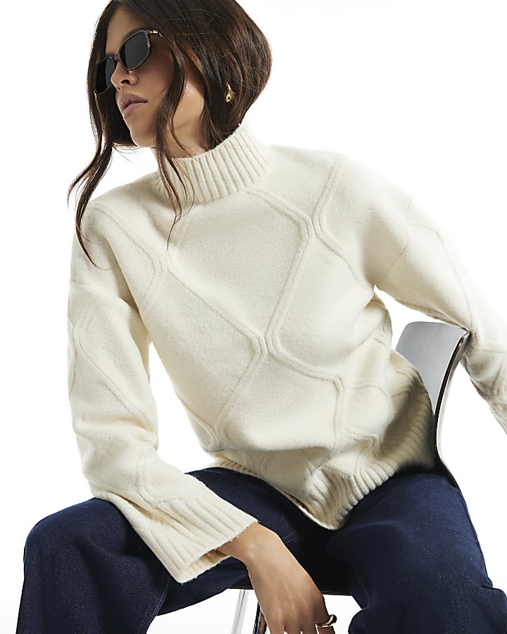 Cream Clean Argyle High Neck Jumper