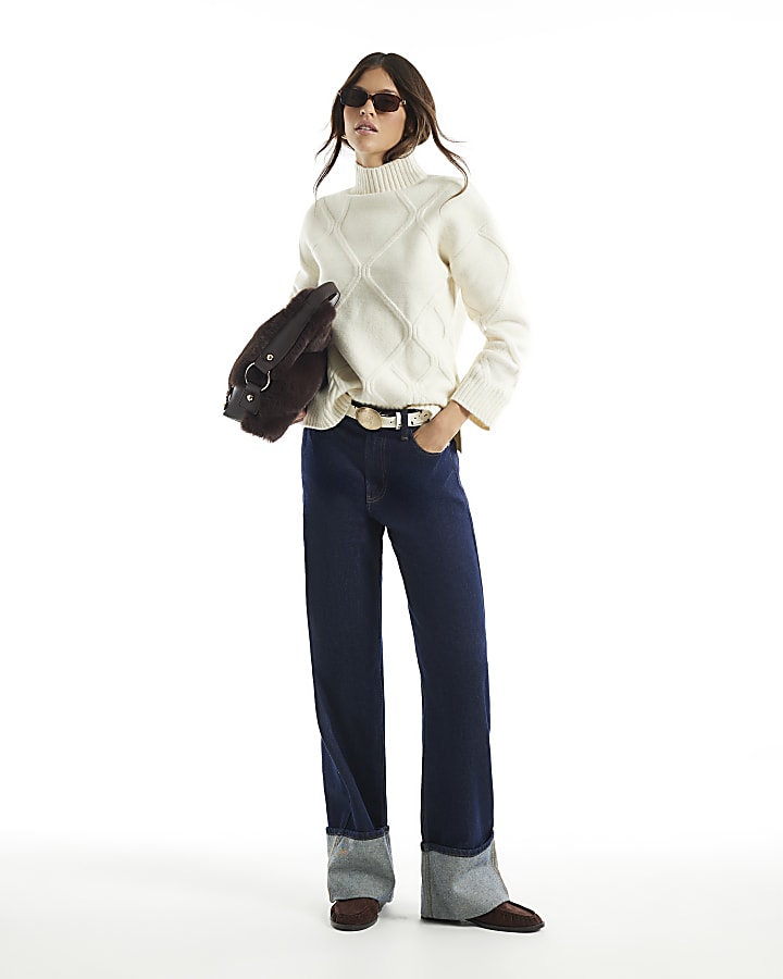 Cream Clean Argyle High Neck Jumper