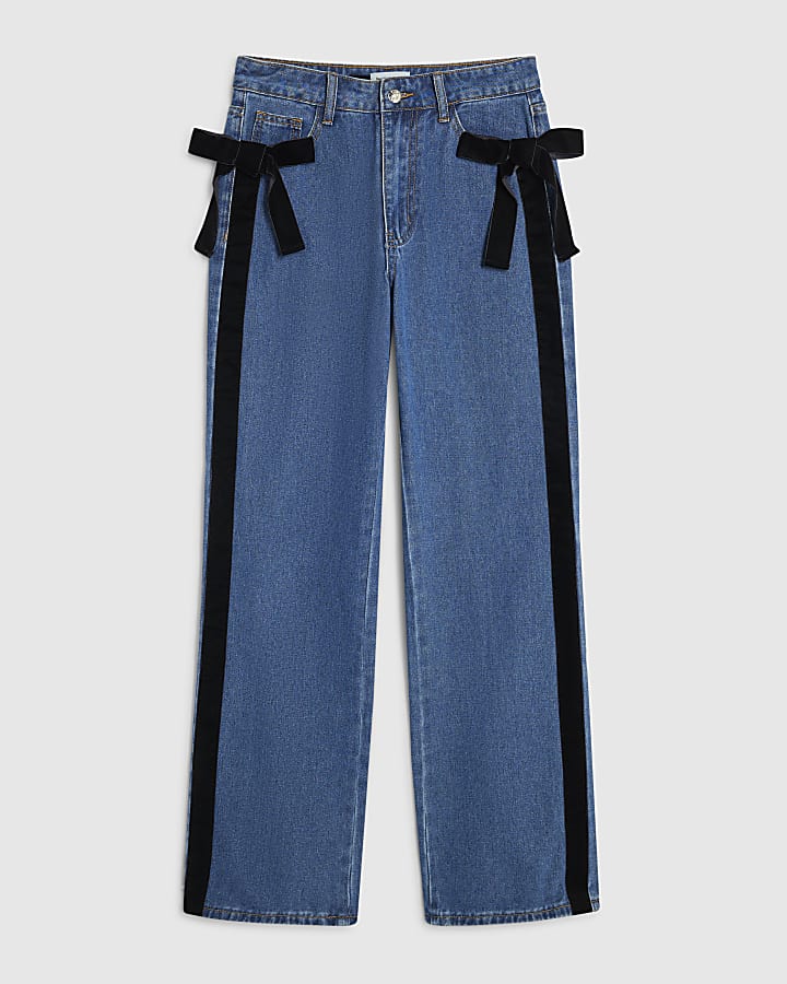 Blue Velvet Bow Relaxed Straight Jeans