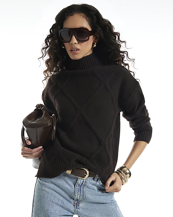 Brown Clean Argyle High Neck Jumper