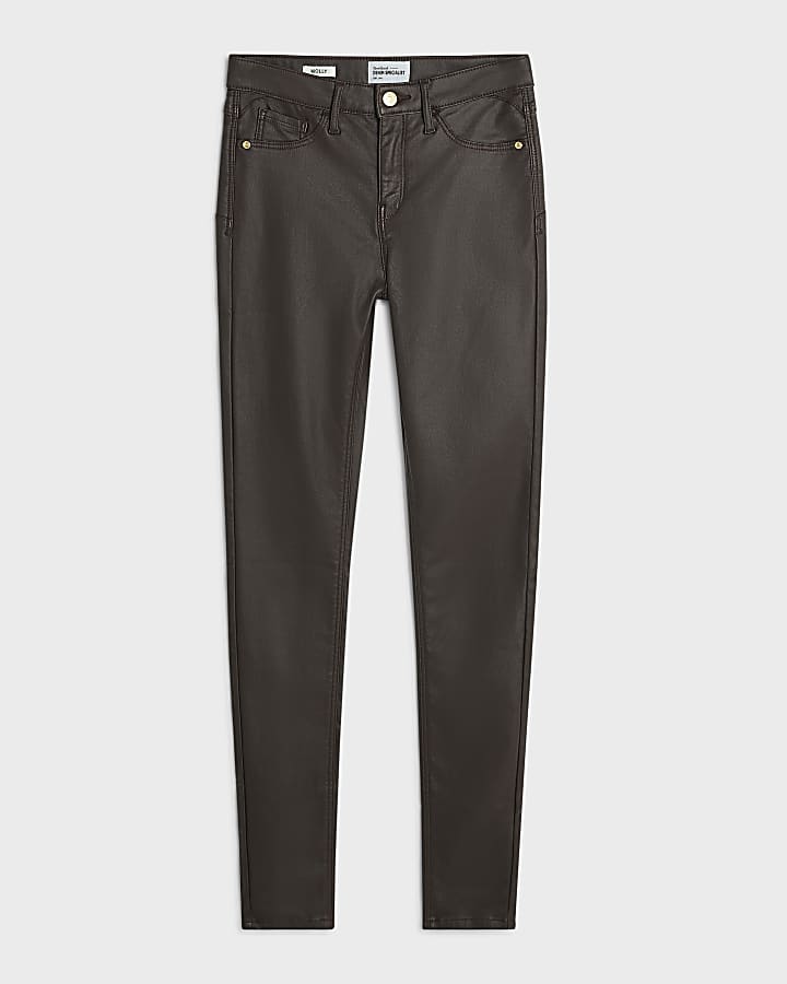 Brown Mid Rise Skinny Molly Coated Jeans