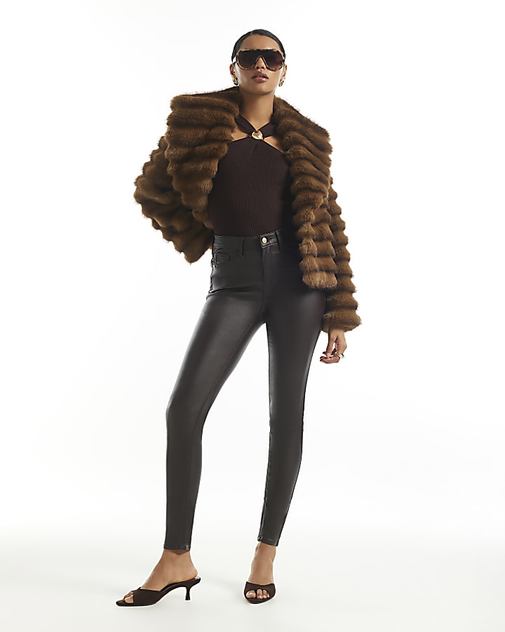 Brown Mid Rise Skinny Molly Coated Jeans