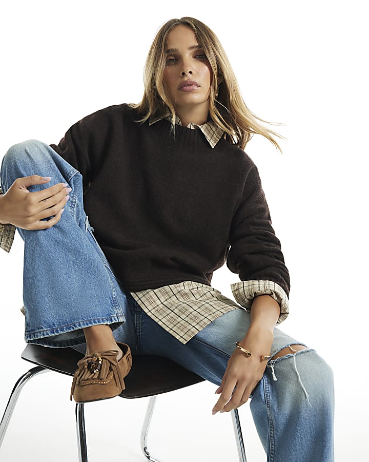 Brown Soft Knit Crew Neck Jumper