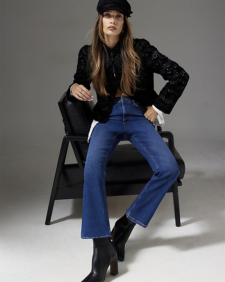 Blue High Waisted Cropped Kickflare Jeans