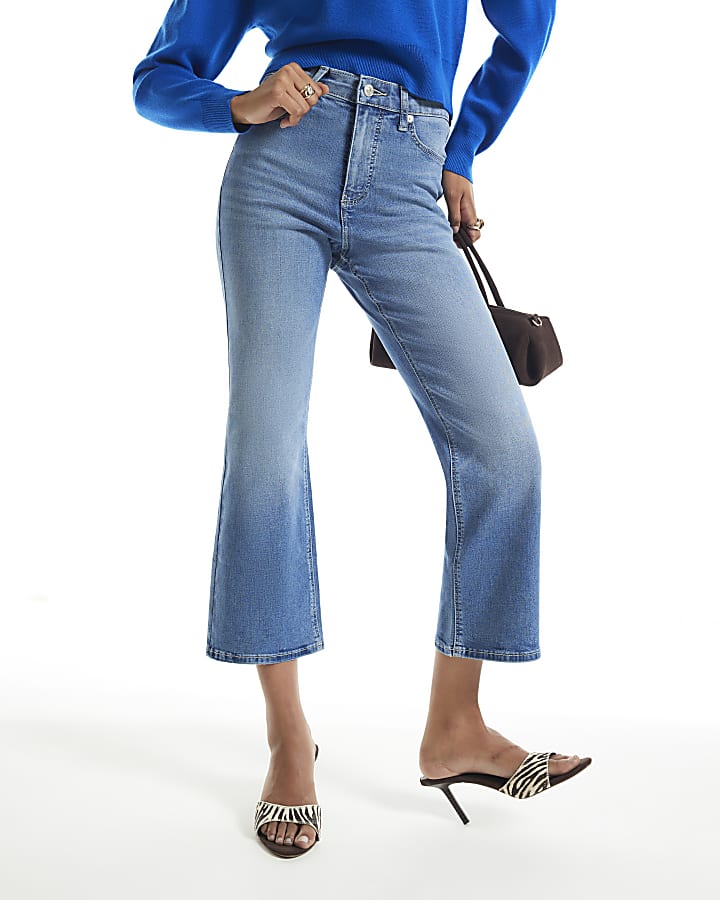 Blue High Waisted Cropped Kickflare Jeans