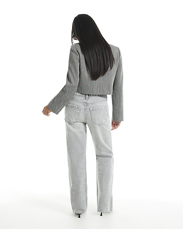 Petite Grey Mid Rise Slim Straight Leg Jeans