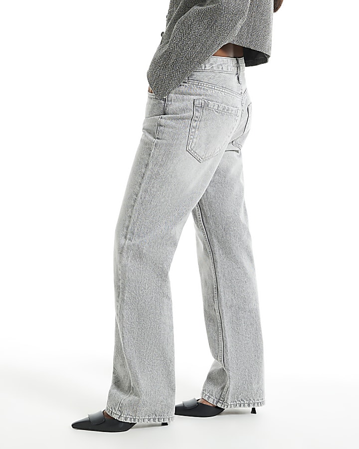 Petite Grey Mid Rise Slim Straight Leg Jeans