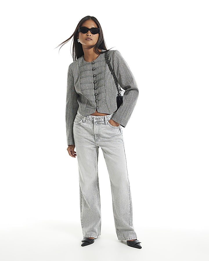 Petite Grey Mid Rise Slim Straight Leg Jeans