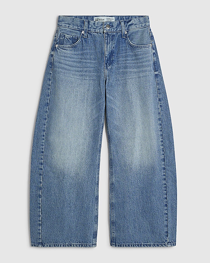 Petite Blue Mid Rise Barrel Leg Jeans