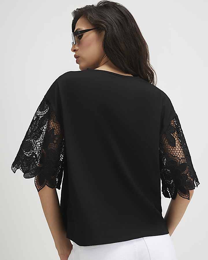 Black Cotton Cutwork Sleeve T-Shirt