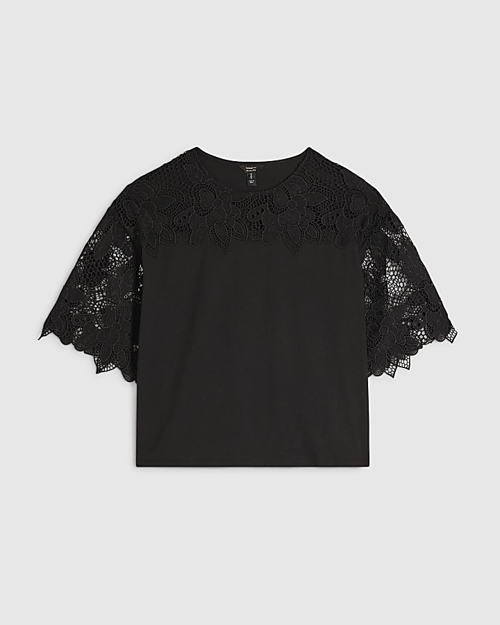 Black Cotton Cutwork Sleeve T-Shirt