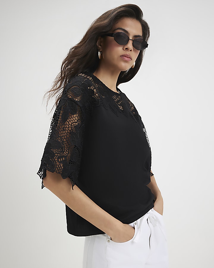 Black Cotton Cutwork Sleeve T-Shirt