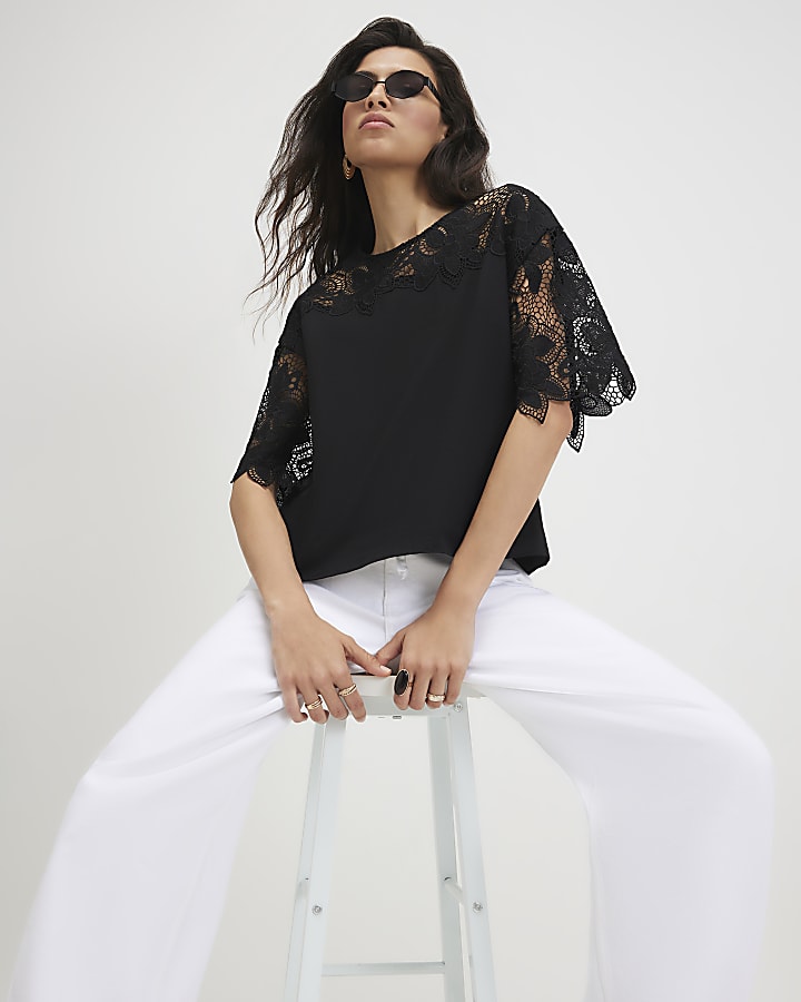 Black Cotton Cutwork Sleeve T-Shirt