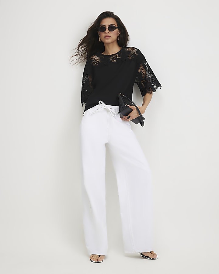 Black Cotton Cutwork Sleeve T-Shirt