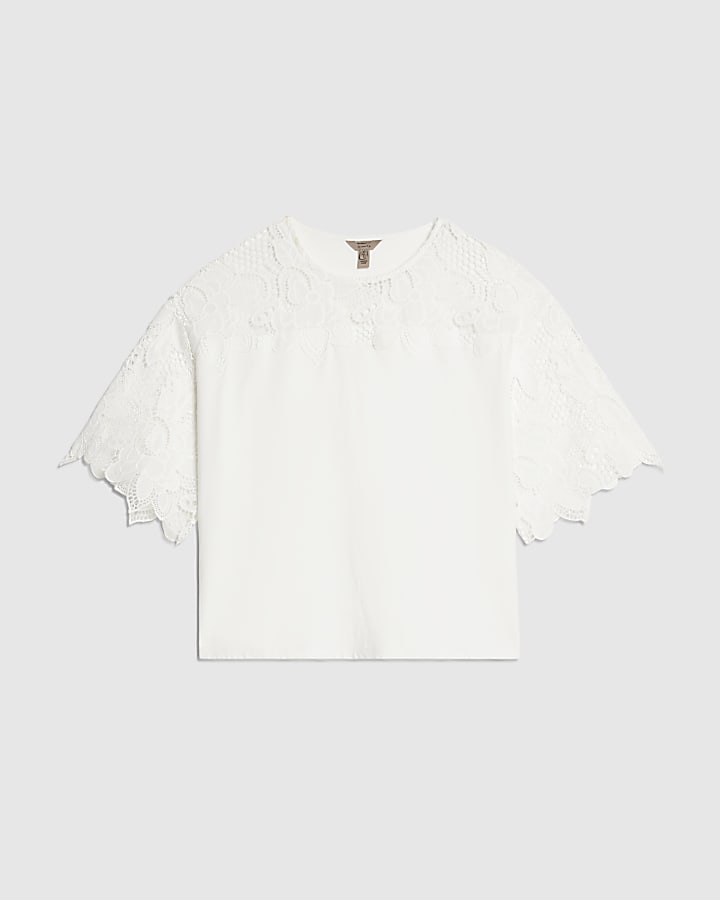 White Cotton Cutwork Sleeve T-Shirt