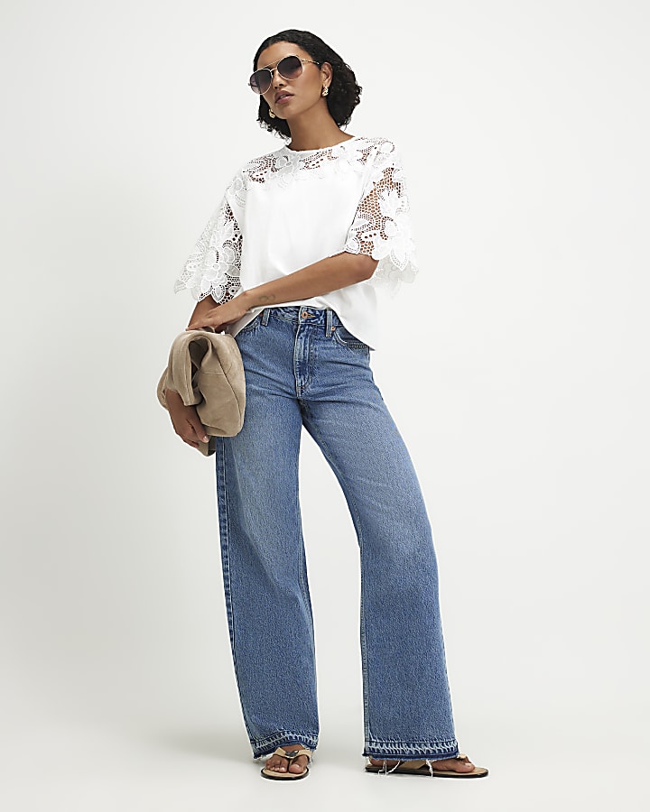 White Cotton Cutwork Sleeve T-Shirt