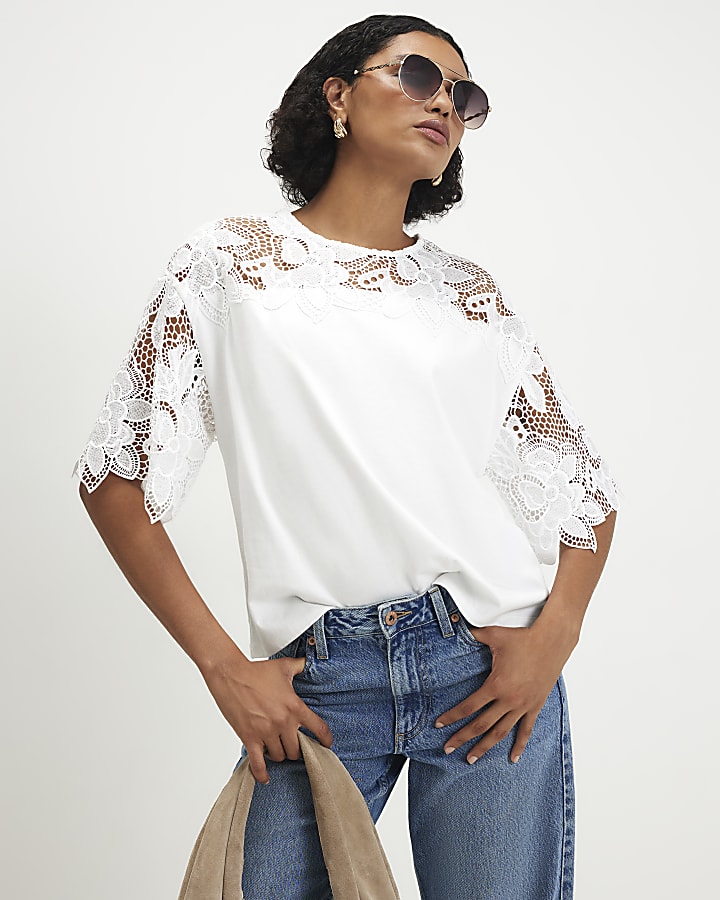 White Cotton Cutwork Sleeve T-Shirt