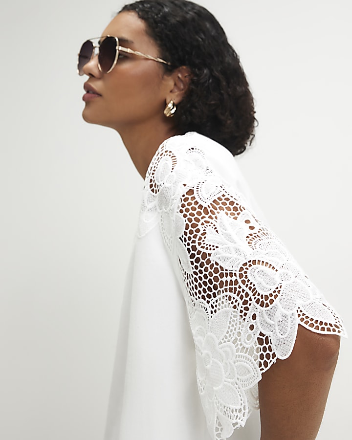 White Cotton Cutwork Sleeve T-Shirt