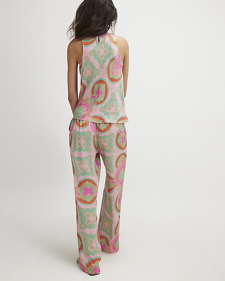 Pink Print Wide Leg Trousers