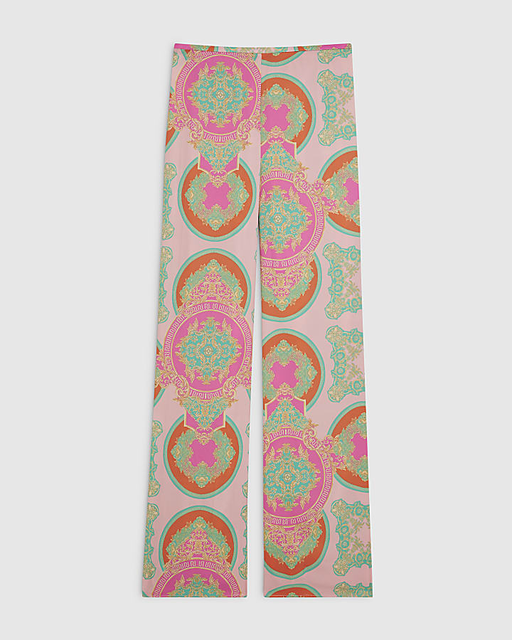 Pink Print Wide Leg Trousers