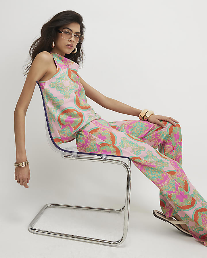 Pink Print Wide Leg Trousers