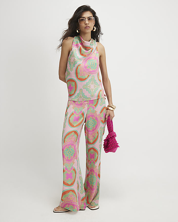 Pink Print Wide Leg Trousers