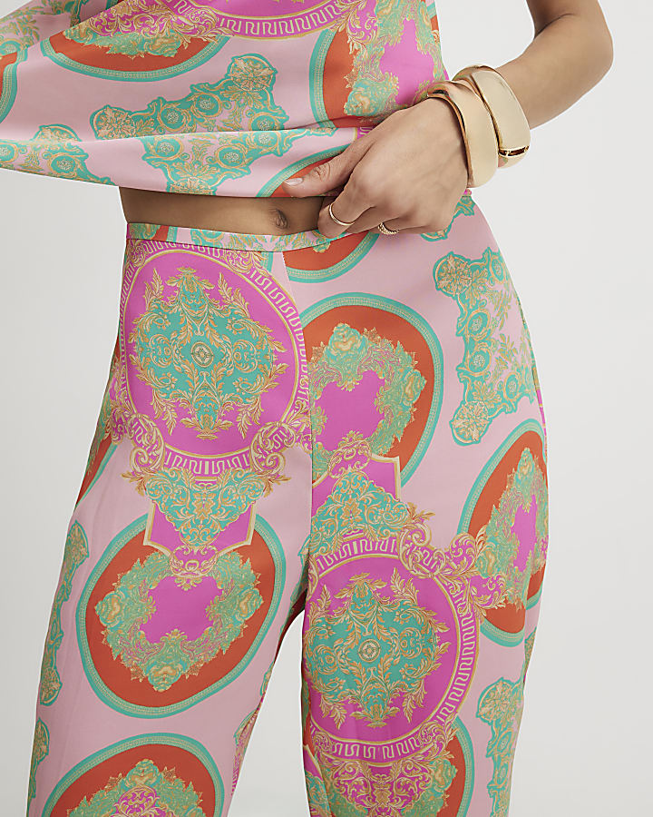 Pink Print Wide Leg Trousers