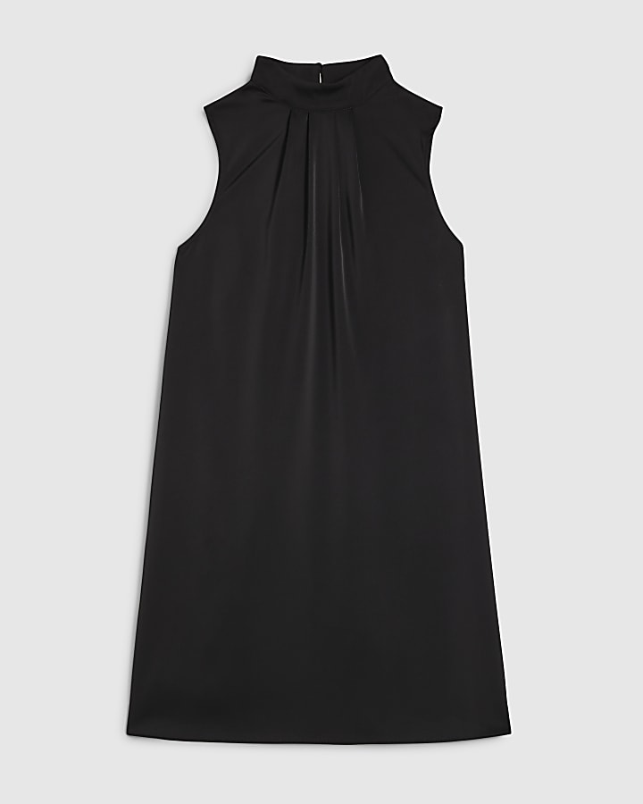 Black Sleeveless Pussybow Shift Dress