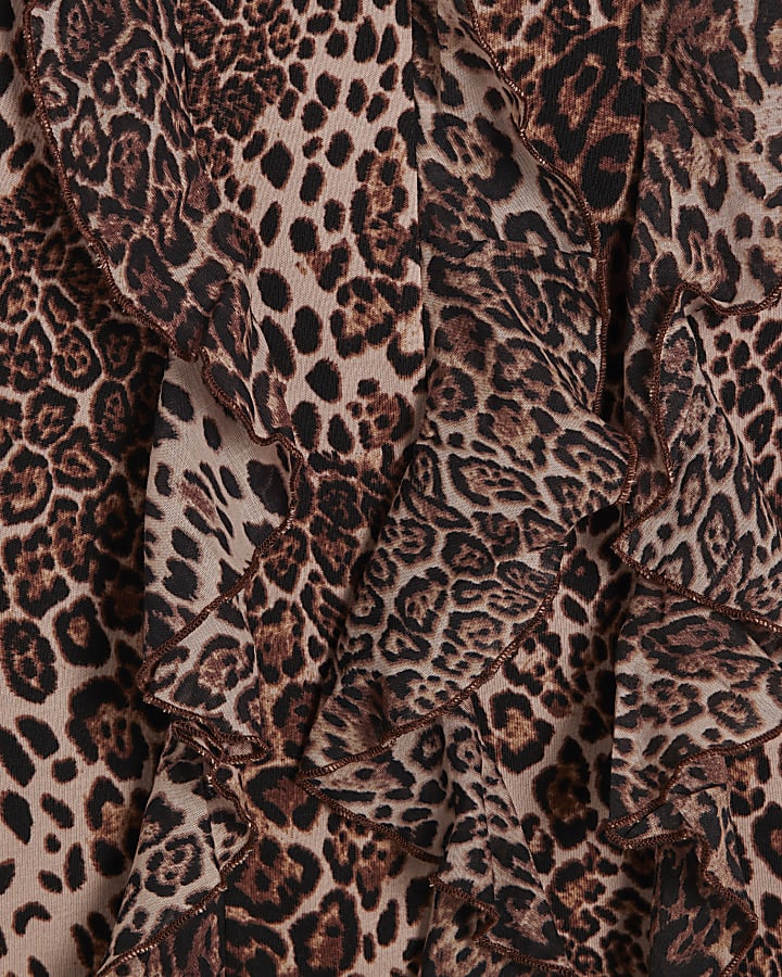 Brown Cotton Leopard Frill Top