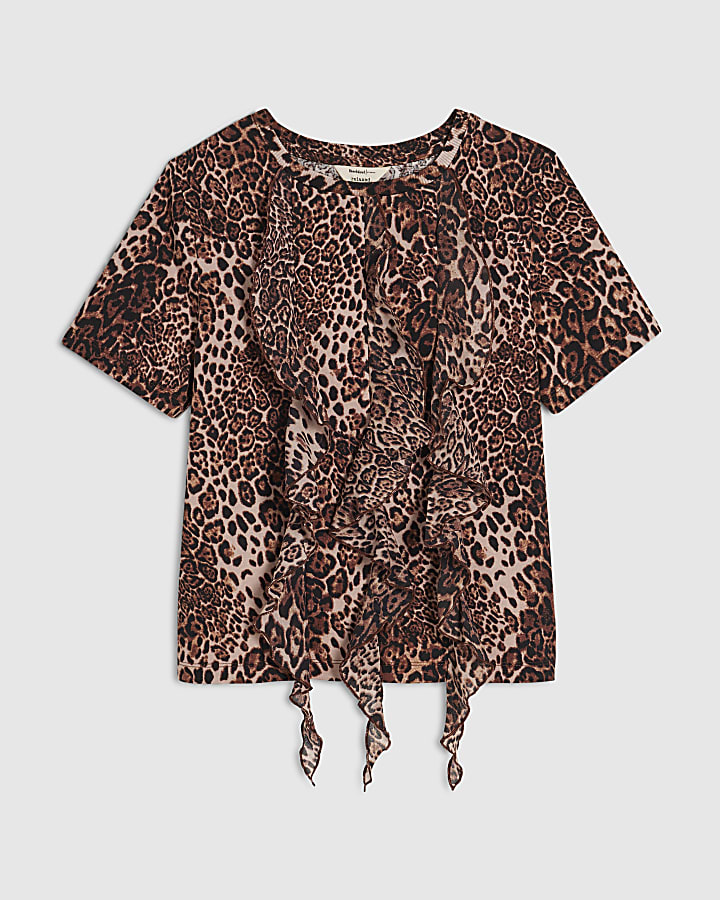 Brown Cotton Leopard Frill Top