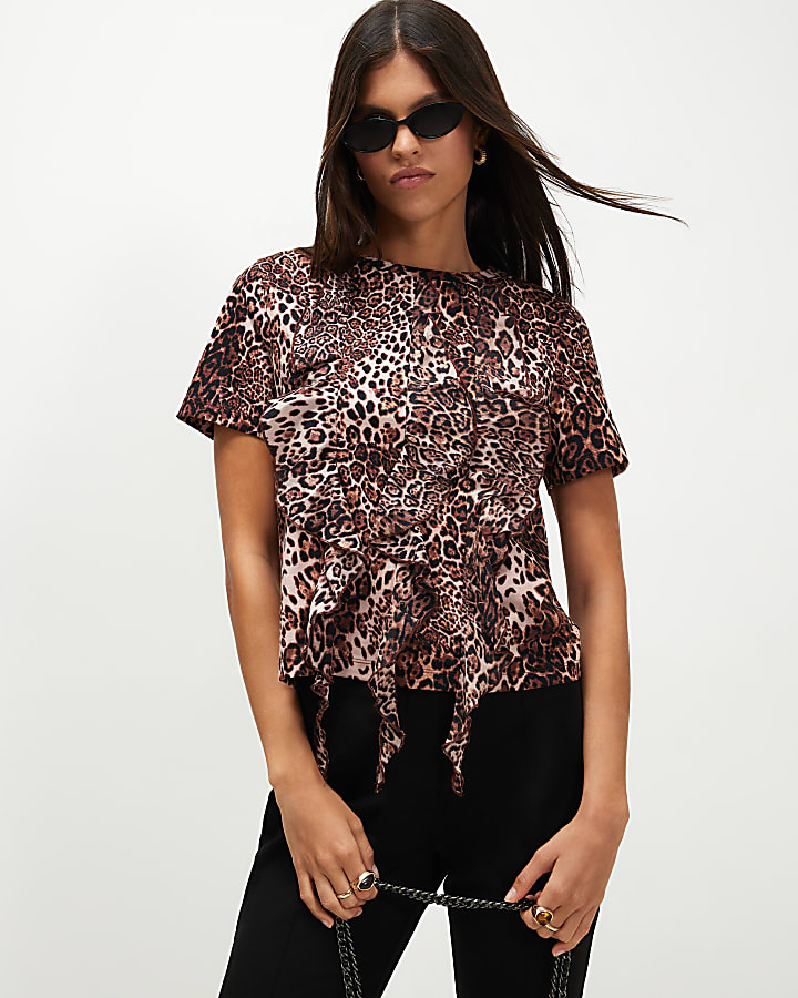Brown Cotton Leopard Frill Top