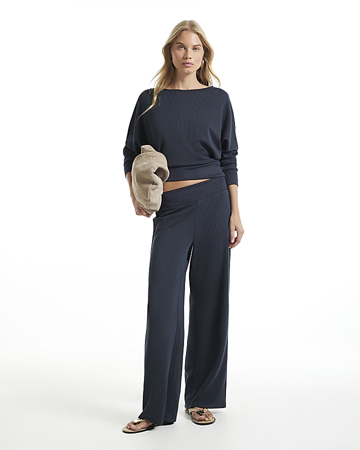 Navy Ribbed Soft Touch Trousers