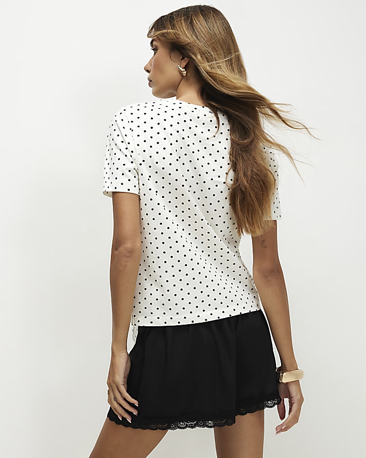 White Cotton Polka Dot Frill Top