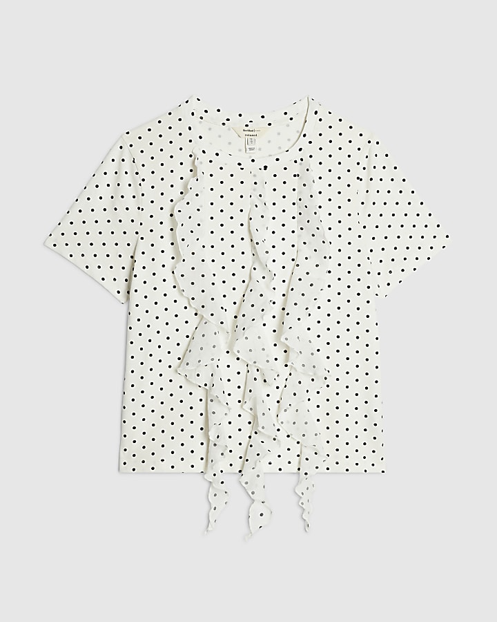 White Cotton Polka Dot Frill Top