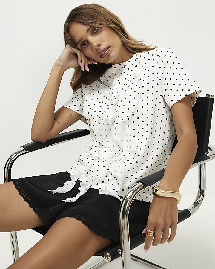 White Cotton Polka Dot Frill Top
