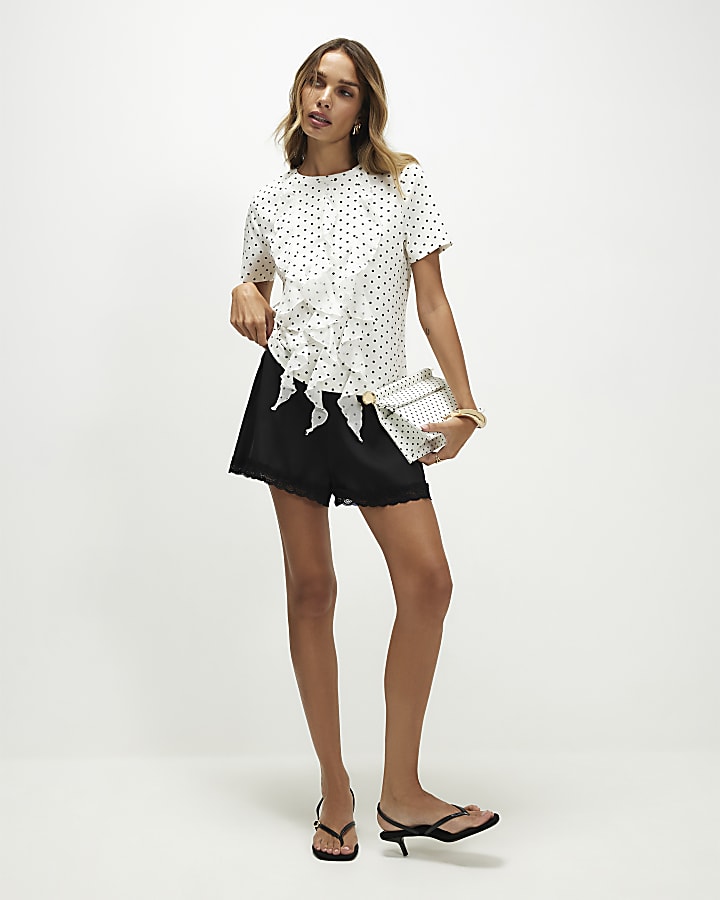 White Cotton Polka Dot Frill Top
