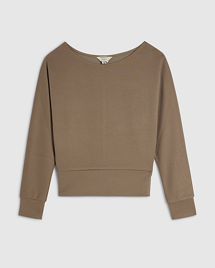 Brown Soft Touch Ribbed Boat Neck Top