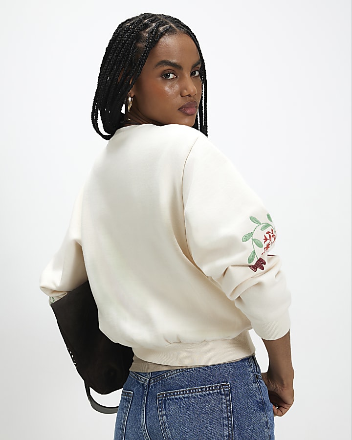 Cream Embroidered Patchwork Sweatshirt