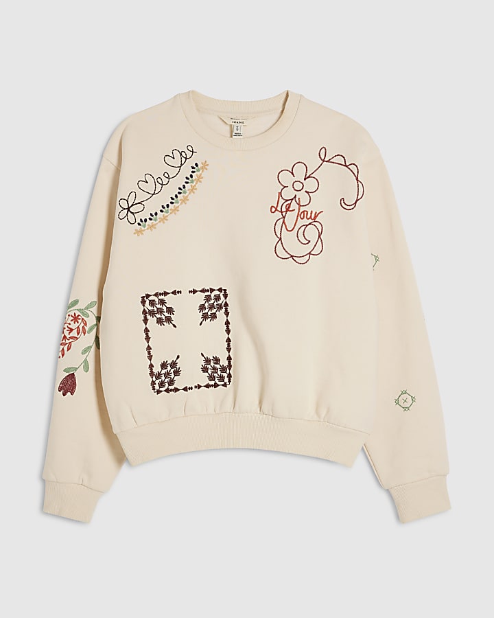 Cream Embroidered Patchwork Sweatshirt